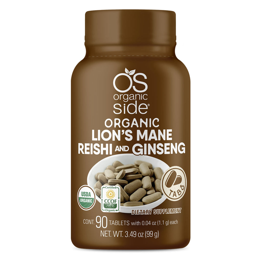 Organic Lion's Mane, Reishi & Ginseng - 90 Tablets - Organic Side - USDA